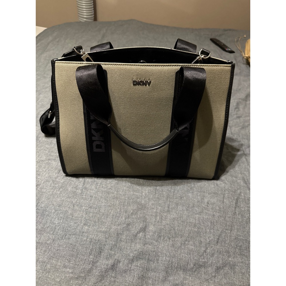 DKNY Women Olive Green Canvas Tote Bag Crossbody Handbag Black Trim Logo Strap